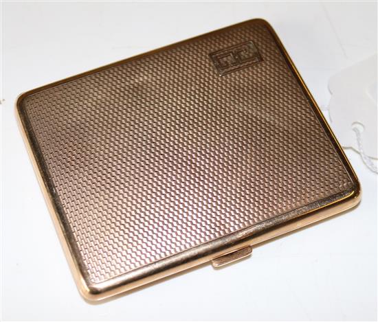 A 9ct gold engine-turned cigarette case, inscribed, in leather case